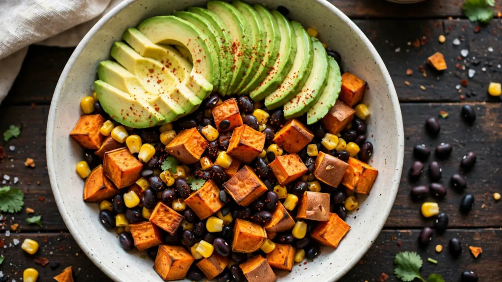 Roasted sweet potato cubes, black beans, corn, and avocado slices in a bowl