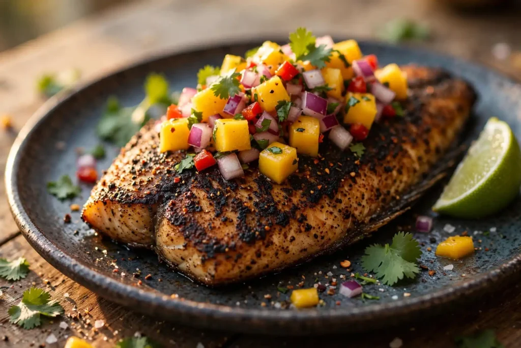 Blackened tilapia fillet topped with mango salsa and cilantro