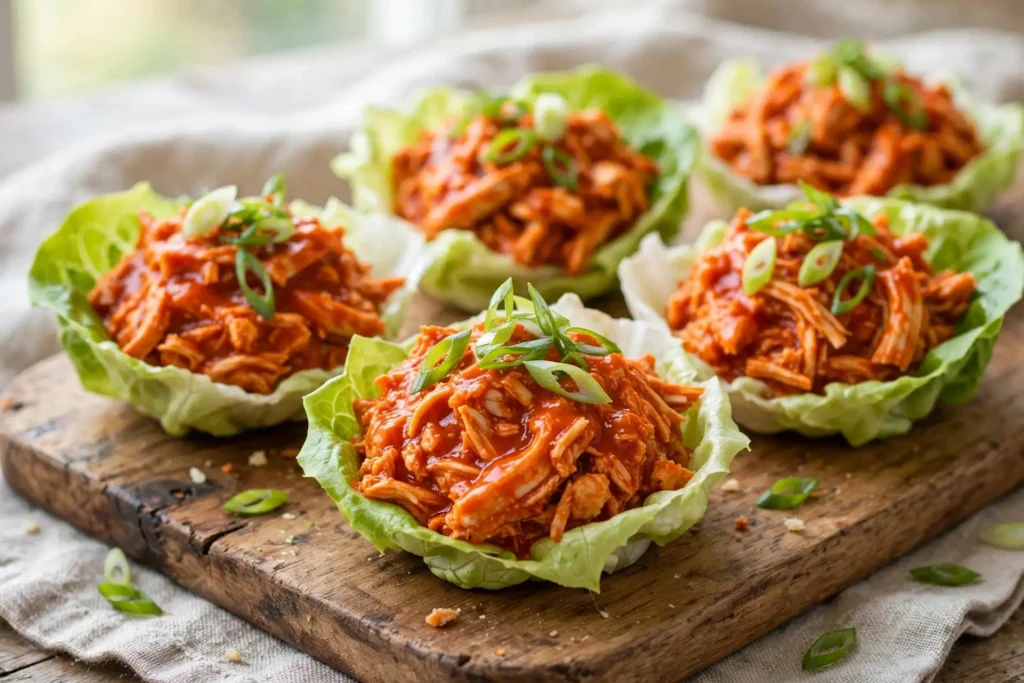 Buffalo chicken lettuce wraps on a serving board
