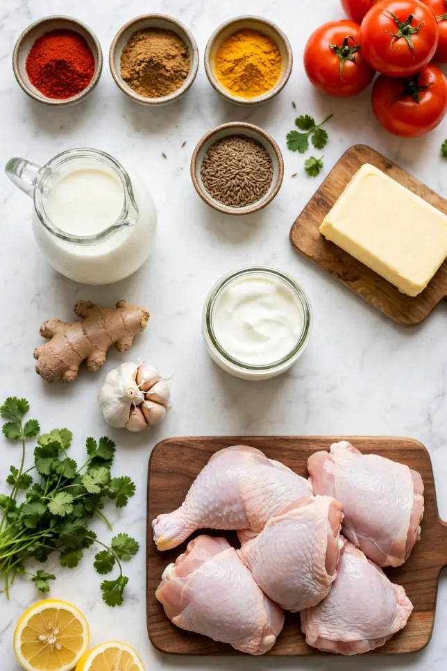 All butter chicken ingredients arranged on white marble including kashmiri chili powder, garam masala, yogurt, heavy cream, tomatoes, garlic, ginger, butter, and raw chicken thighs