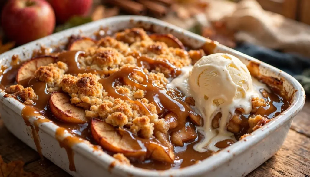 Golden caramel apple cobbler in a white dish topped with melting vanilla ice cream and caramel drizzle