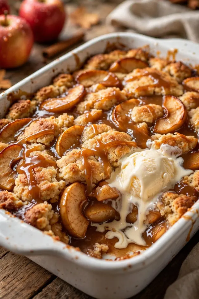 Golden caramel apple cobbler in a white dish topped with melting vanilla ice cream and caramel drizzle