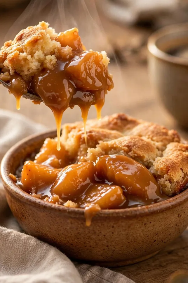 Golden caramel apple cobbler in a white dish topped with melting vanilla ice cream and caramel drizzle