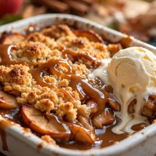 Golden caramel apple cobbler in a white dish topped with melting vanilla ice cream and caramel drizzle