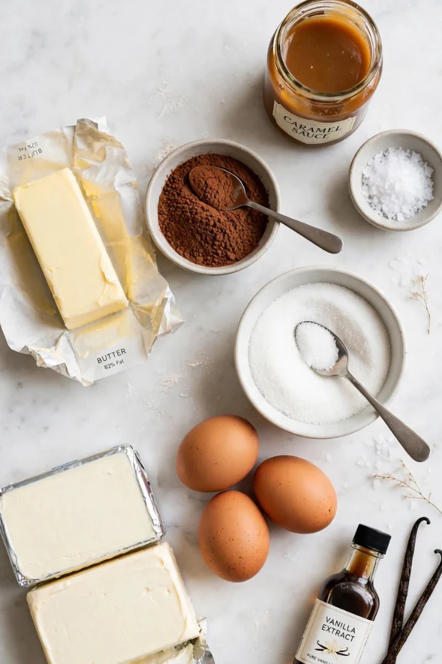Flat lay of cream cheese, cocoa, eggs, butter, and caramel for caramel brownie cheesecake