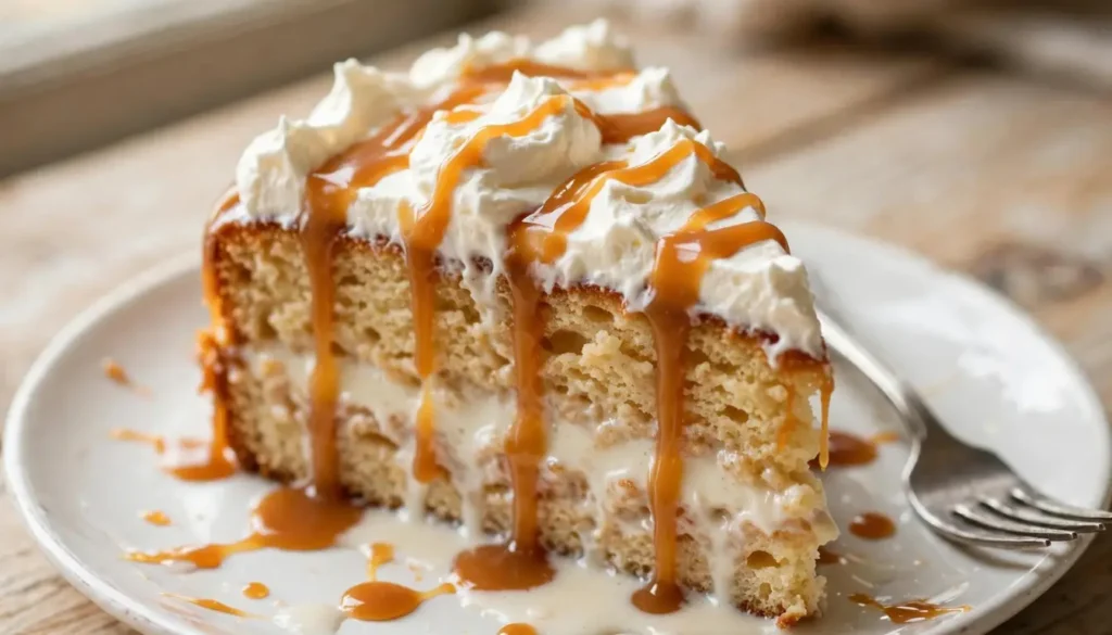 Slice of caramel tres leches cake topped with whipped cream and caramel drizzle on a white plate