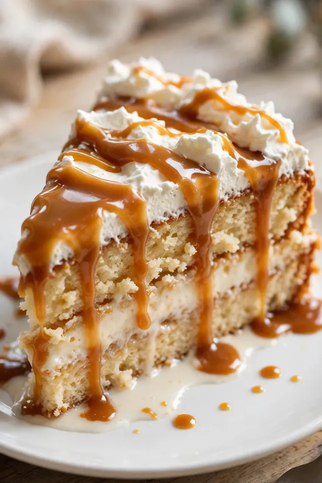 Slice of caramel tres leches cake topped with whipped cream and caramel drizzle on a white plate