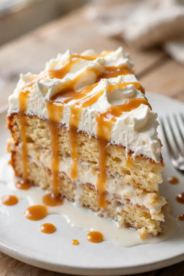 Slice of caramel tres leches cake topped with whipped cream and caramel drizzle on a white plate