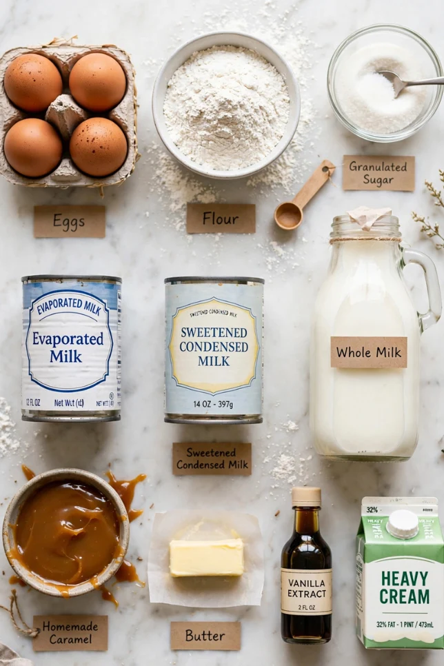 Flat lay of caramel tres leches cake ingredients including eggs, flour, three milks, and caramel
