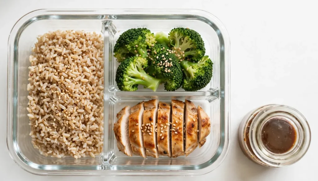 A bowl of sliced chicken, brown rice, and broccoli topped with sesame seeds, sauce on the side