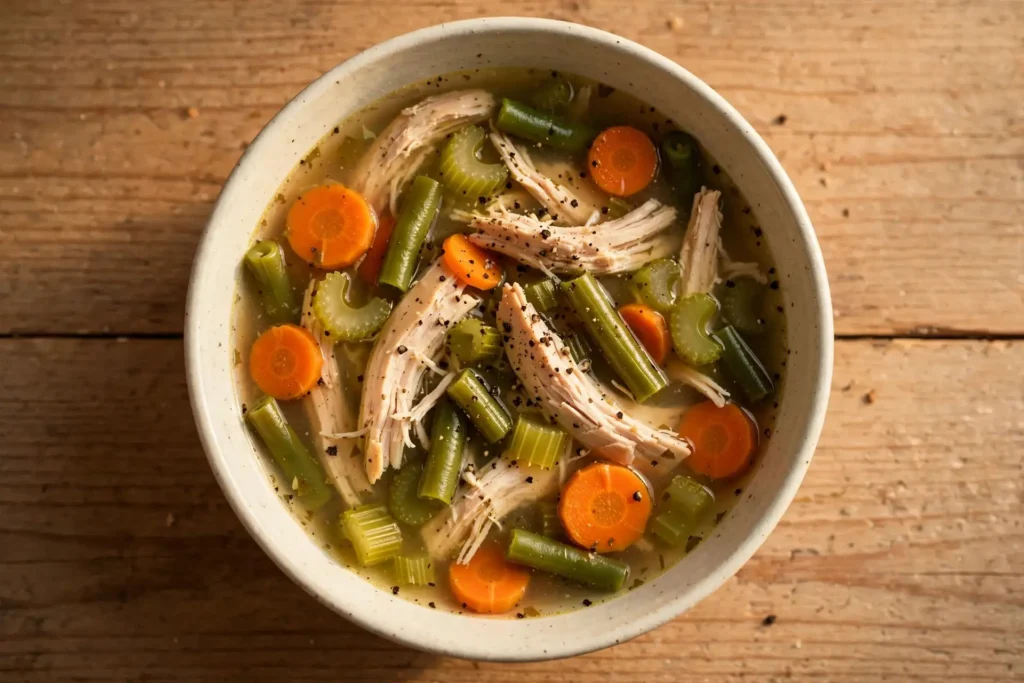 Bowl of chicken and vegetable soup with shredded chicken and green beans