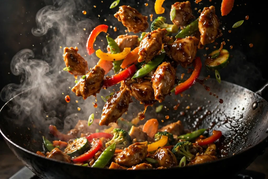 Chicken and vegetable stir-fry in a wok