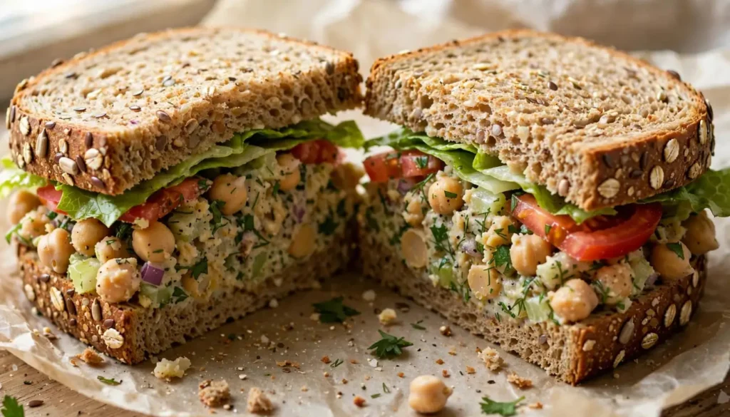 Chickpea salad sandwich on whole grain bread with lettuce