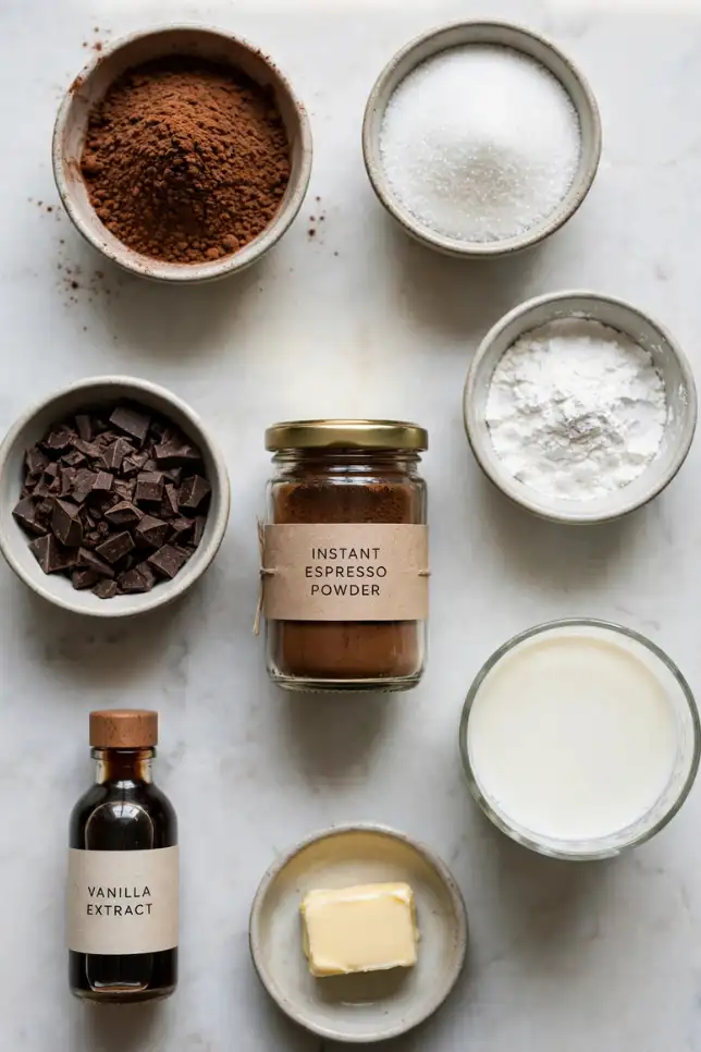 Ingredients for secret-ingredient chocolate pudding including cocoa, dark chocolate, espresso powder, and milk
