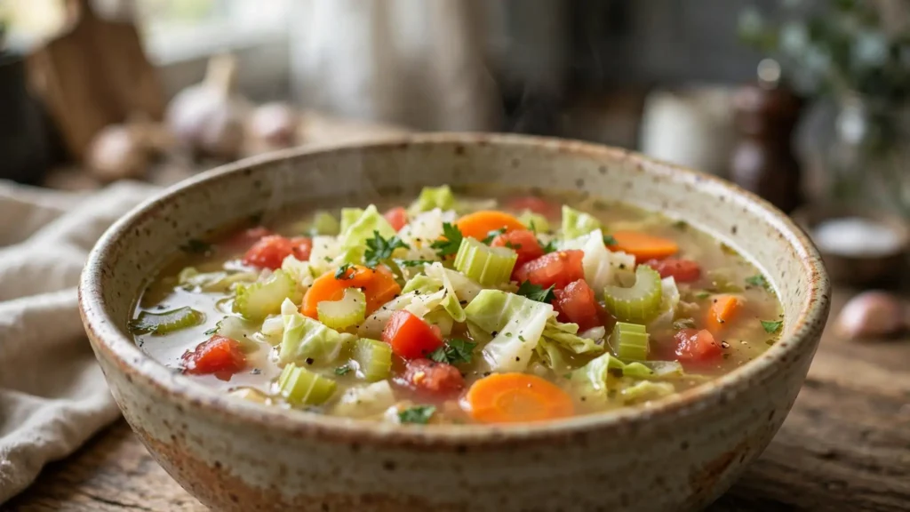 Bowl of classic low-calorie vegetable soup with cabbage and carrots