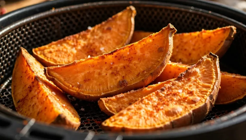 Golden sweet potato wedges with smoked paprika seasoning in an air fryer basket