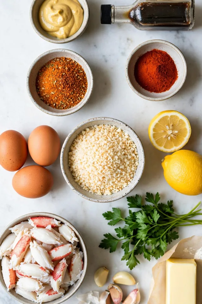 Fresh ingredients for crispy garlic butter crab bombs including lump crab meat, panko, garlic, butter, Old Bay seasoning and eggs on marble surface