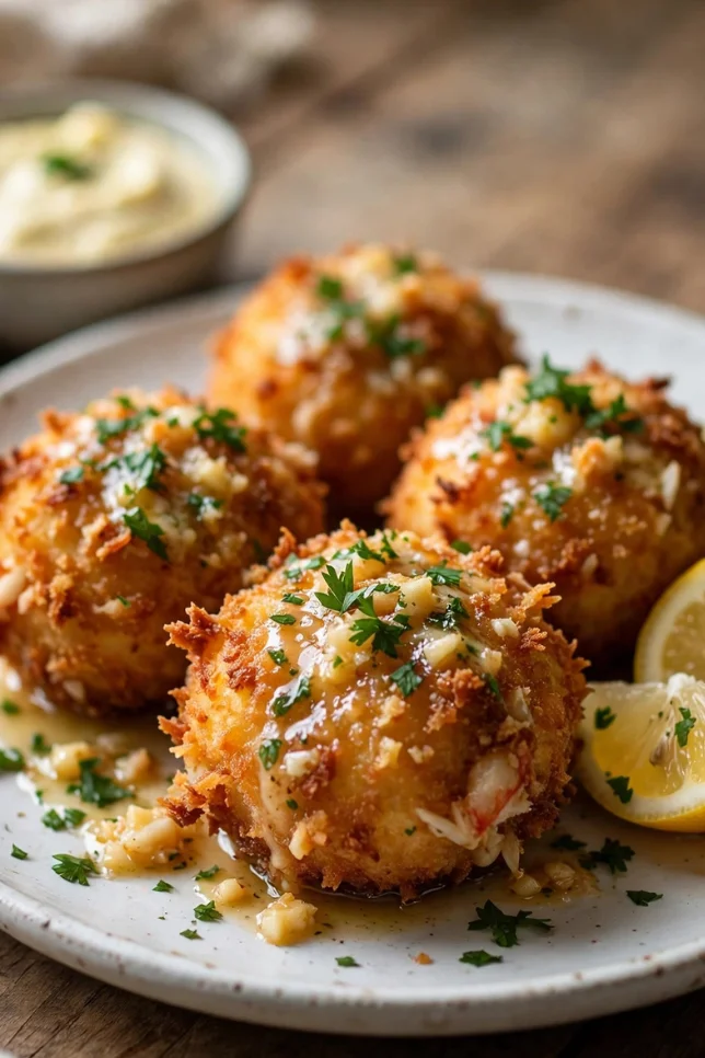 Crispy garlic butter crab bombs on a white ceramic plate with lemon wedges and parsley garnish