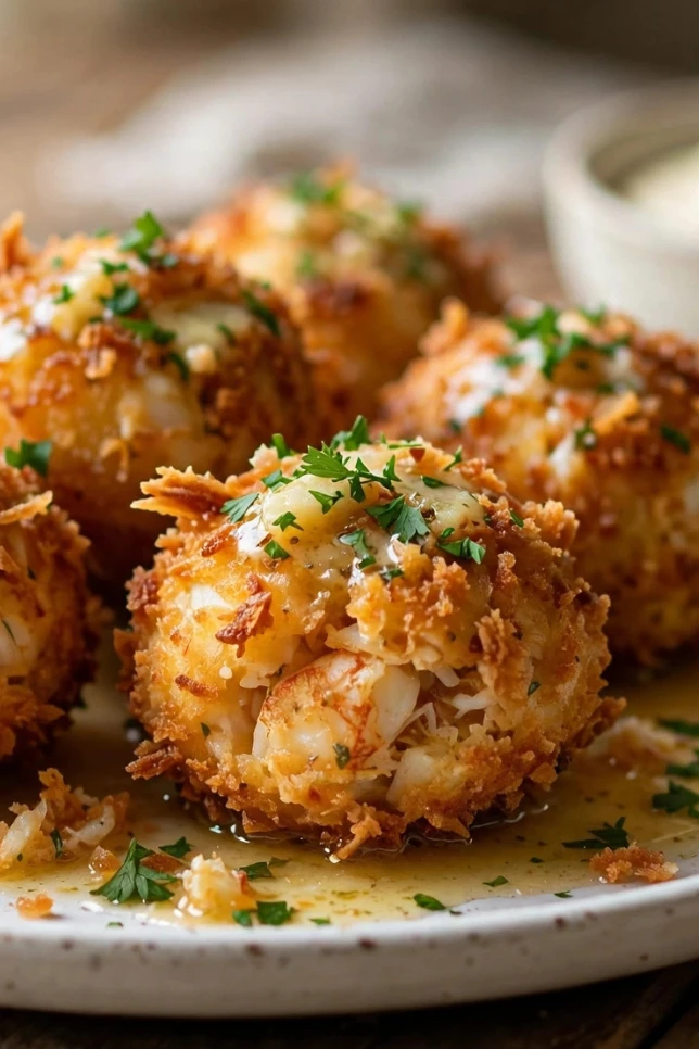 Crispy garlic butter crab bombs on a white ceramic plate with lemon wedges and parsley garnish