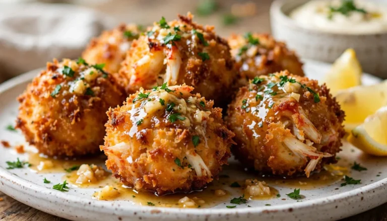 Crispy garlic butter crab bombs on a white ceramic plate with lemon wedges and parsley garnish