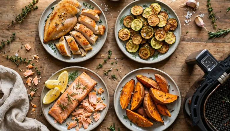 Assortment of low-calorie air fryer recipes including chicken, zucchini chips, salmon, and sweet potato wedges arranged on a table