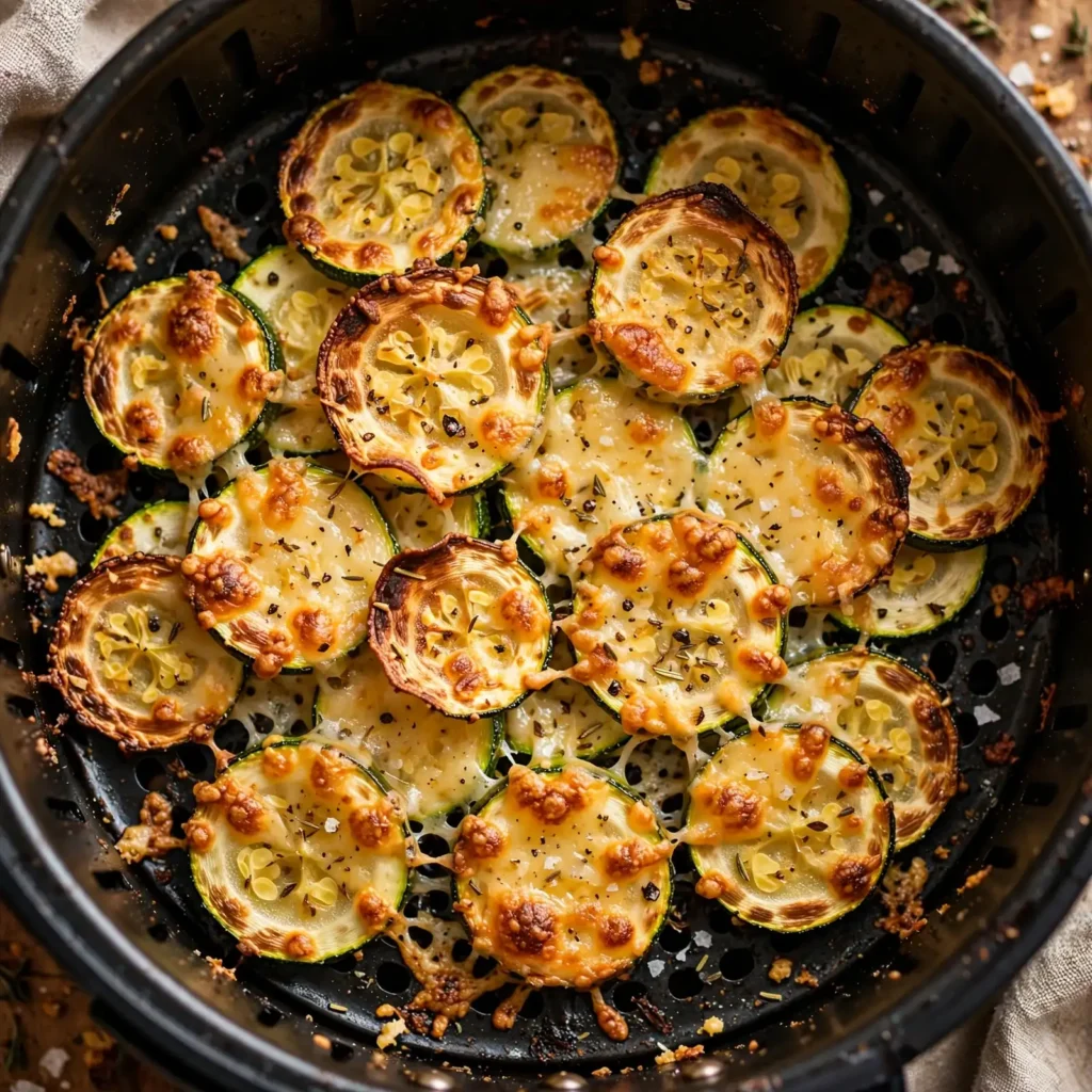 Thin crispy zucchini chips topped with parmesan in an air fryer basket