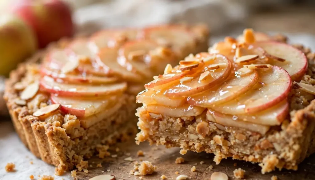 Homemade flourless apple and almond tart with fanned apple slices and sliced almonds on top