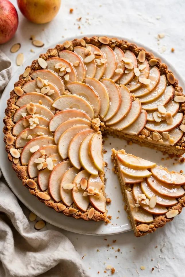 Homemade flourless apple and almond tart with fanned apple slices and sliced almonds on top
