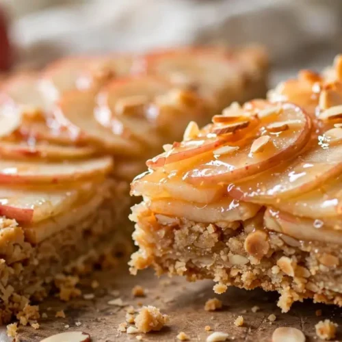 Homemade flourless apple and almond tart with fanned apple slices and sliced almonds on top
