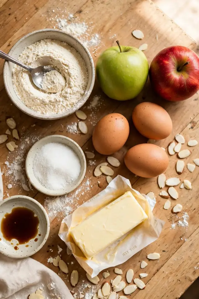 Ingredients for flourless apple and almond tart including almond flour, apples, eggs, and butter