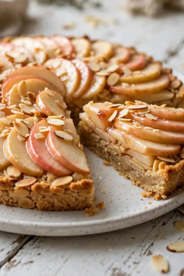 Homemade flourless apple and almond tart with fanned apple slices and sliced almonds on top