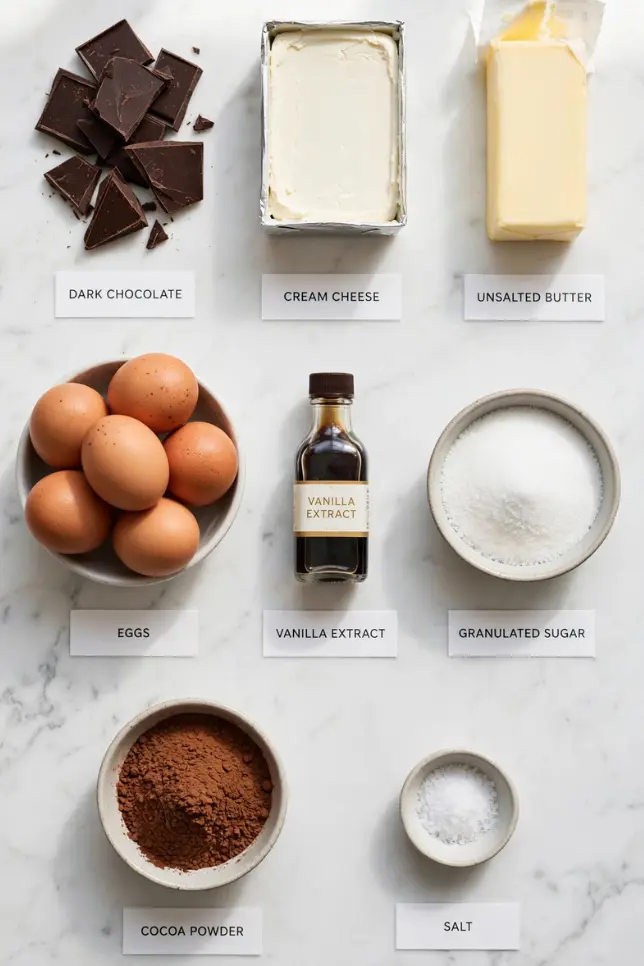 Overhead flat lay of ingredients for flourless cheesecake brownies including dark chocolate, cream cheese, eggs, butter, sugar, cocoa powder, and vanilla extract on white marble