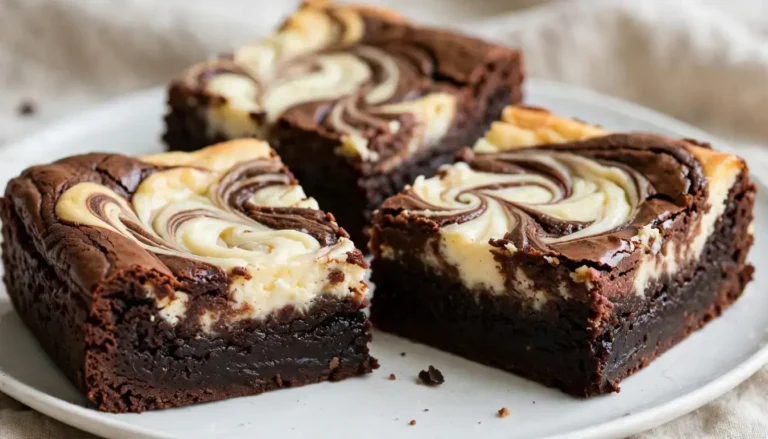 Stack of three flourless cheesecake brownies with cream cheese swirl on a white plate, one sliced open to show dense fudgy interior