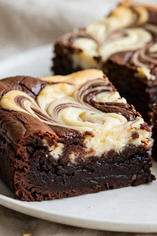 Stack of three flourless cheesecake brownies with cream cheese swirl on a white plate, one sliced open to show dense fudgy interior