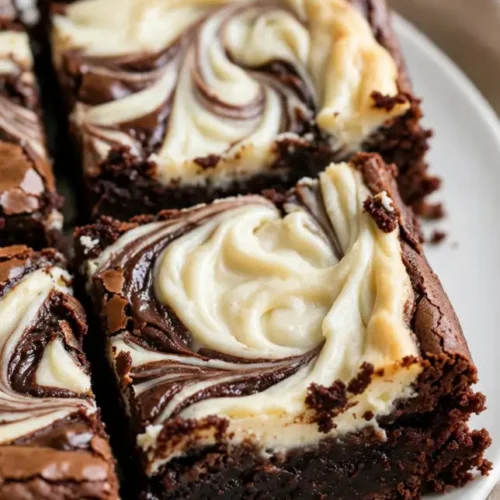 Stack of three flourless cheesecake brownies with cream cheese swirl on a white plate, one sliced open to show dense fudgy interior