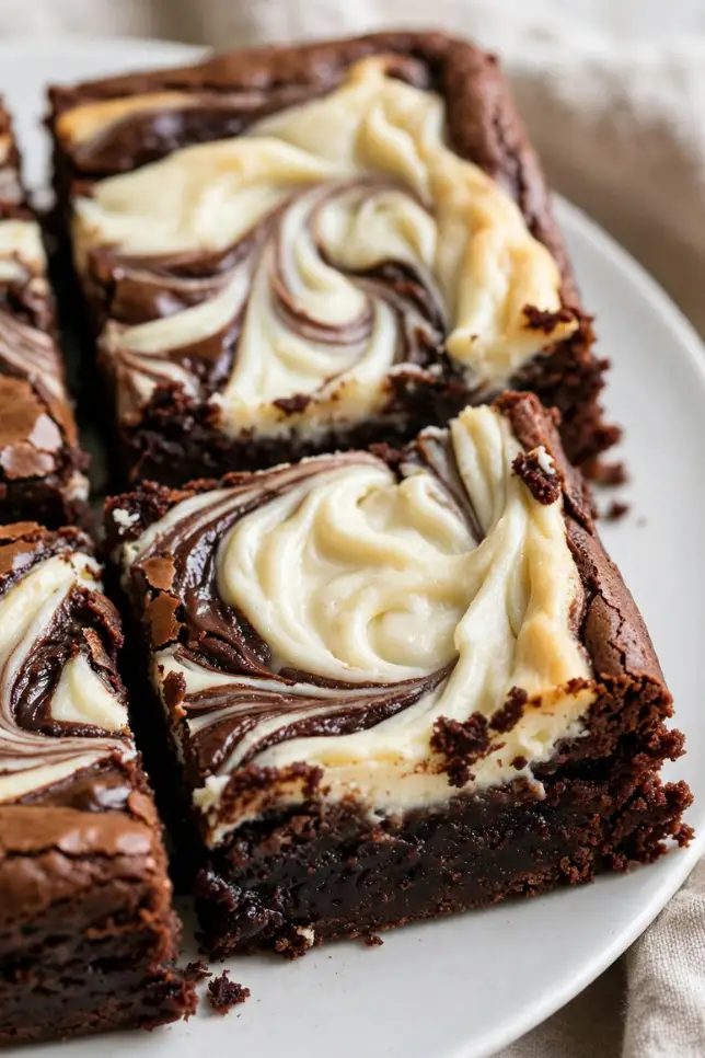 Stack of three flourless cheesecake brownies with cream cheese swirl on a white plate, one sliced open to show dense fudgy interior