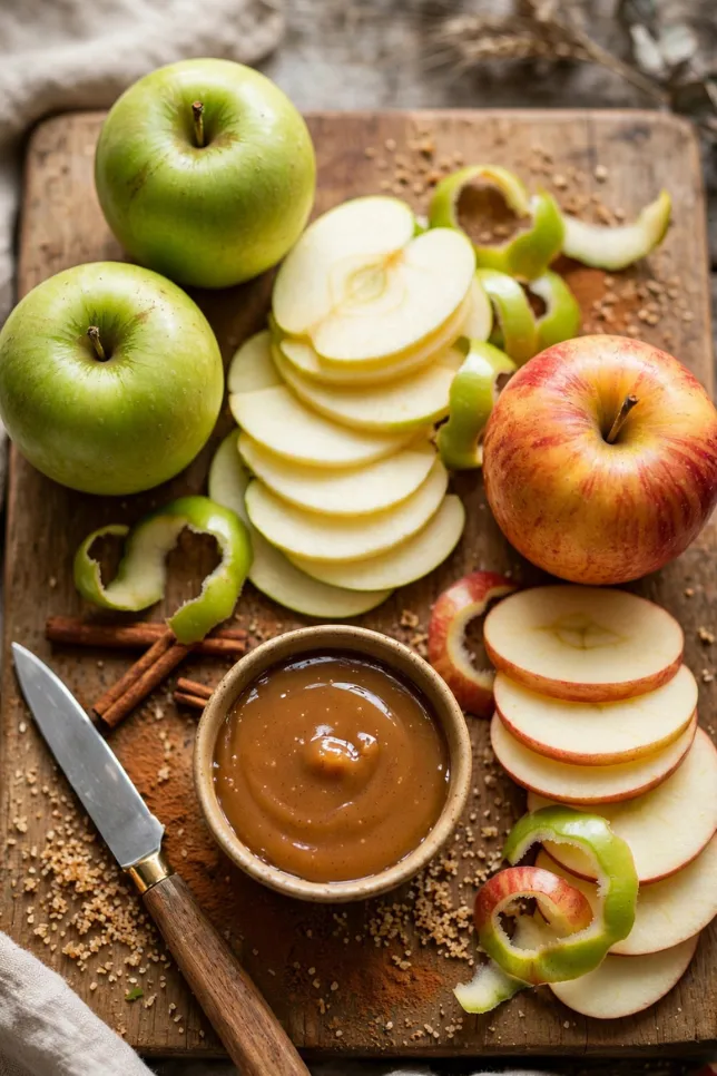 Sliced Granny Smith and Honeycrisp apples with caramel sauce, cinnamon, and brown sugar on a wooden board