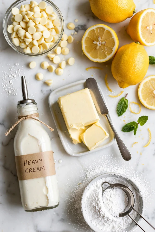 Flat lay of lemon truffle ingredients including white chocolate chips, fresh lemons, heavy cream, butter, and powdered sugar on white marble