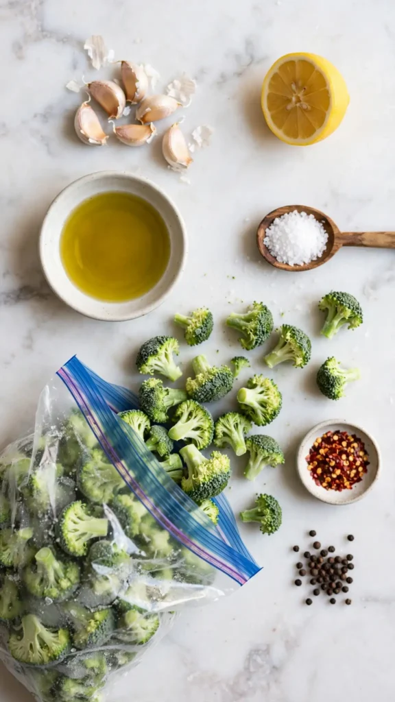 Flat lay of ingredients for cooking frozen broccoli including olive oil, garlic cloves, lemon, salt, and red pepper flakes on marble surface