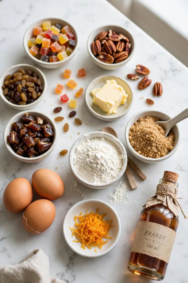 Fruit cake ingredients including dried fruit, nuts, butter, and spices arranged on marble