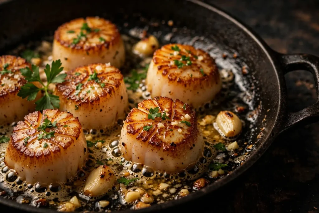 Seared scallops in garlic butter sauce in a cast iron skillet