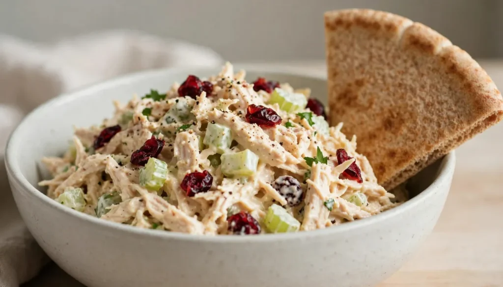 Creamy shredded chicken salad with celery and cranberries in a small bowl, pita on the side.