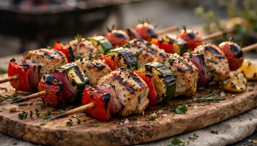 Grilled chicken and vegetable skewers on a platter