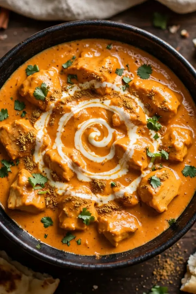 Creamy homemade butter chicken in a dark ceramic bowl garnished with cilantro and cream swirl, served with naan bread on a wooden table