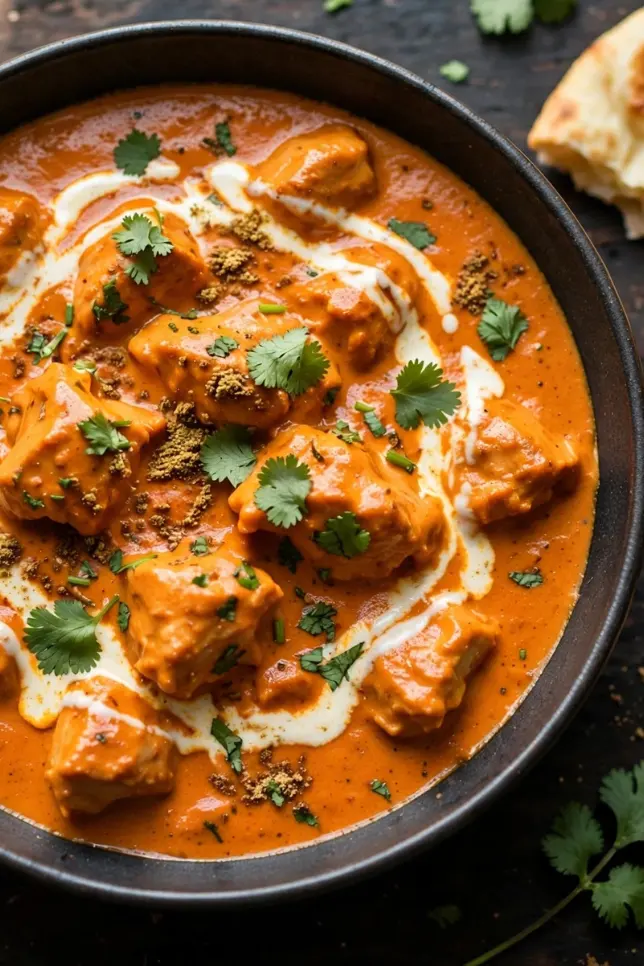 Creamy homemade butter chicken in a dark ceramic bowl garnished with cilantro and cream swirl, served with naan bread on a wooden table