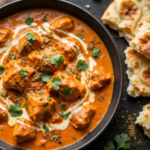 Creamy homemade butter chicken in a dark ceramic bowl garnished with cilantro and cream swirl, served with naan bread on a wooden table