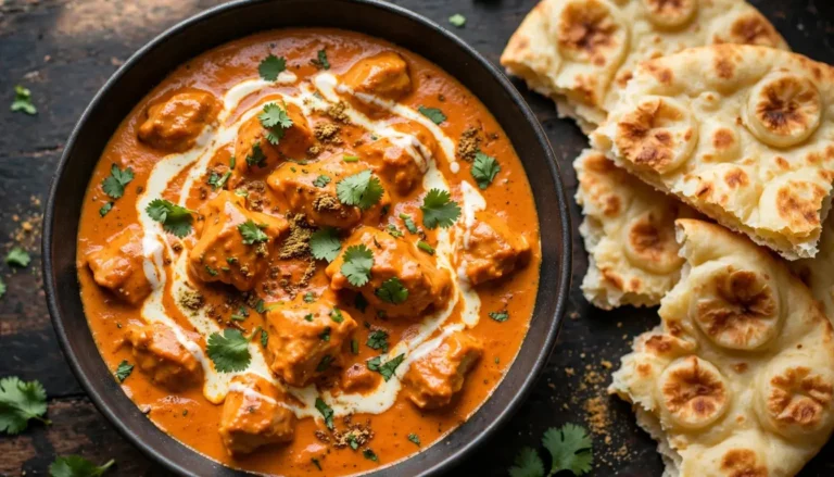 Creamy homemade butter chicken in a dark ceramic bowl garnished with cilantro and cream swirl, served with naan bread on a wooden table