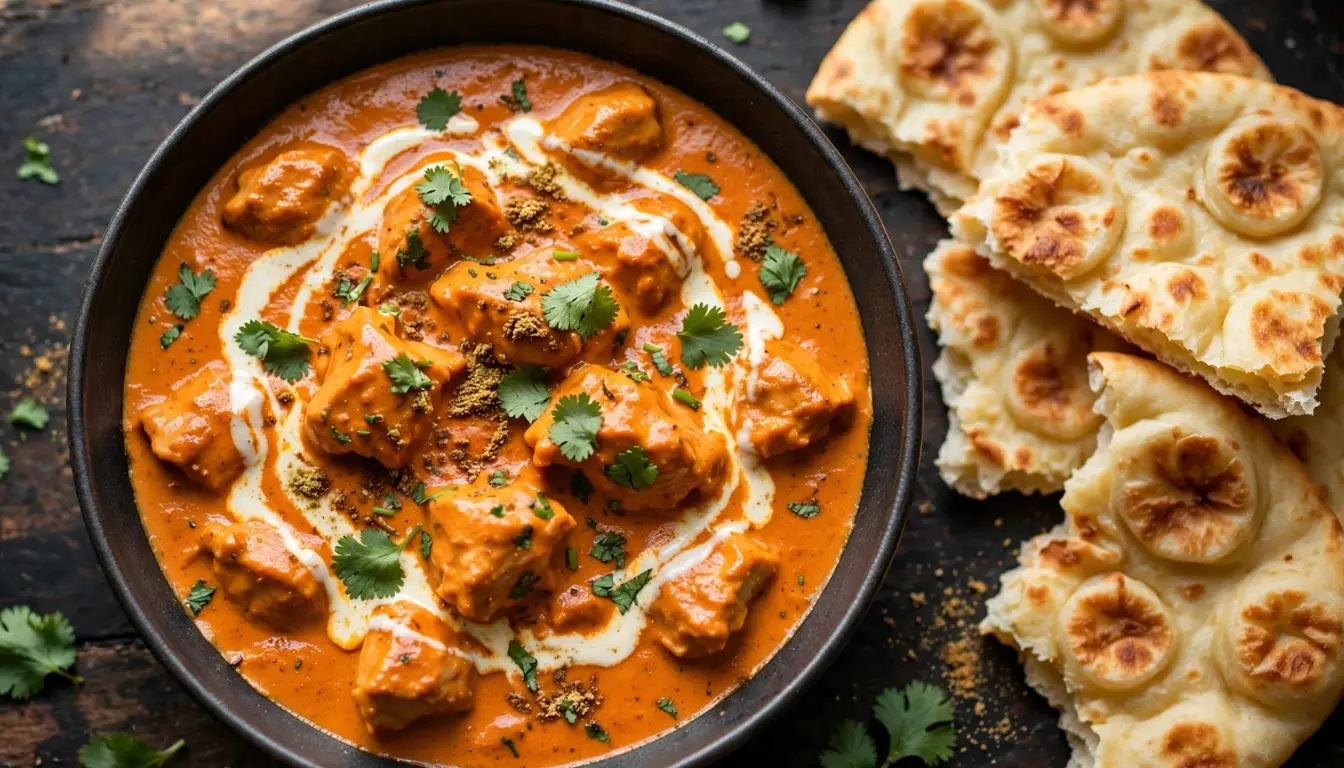 Creamy homemade butter chicken in a dark ceramic bowl garnished with cilantro and cream swirl, served with naan bread on a wooden table