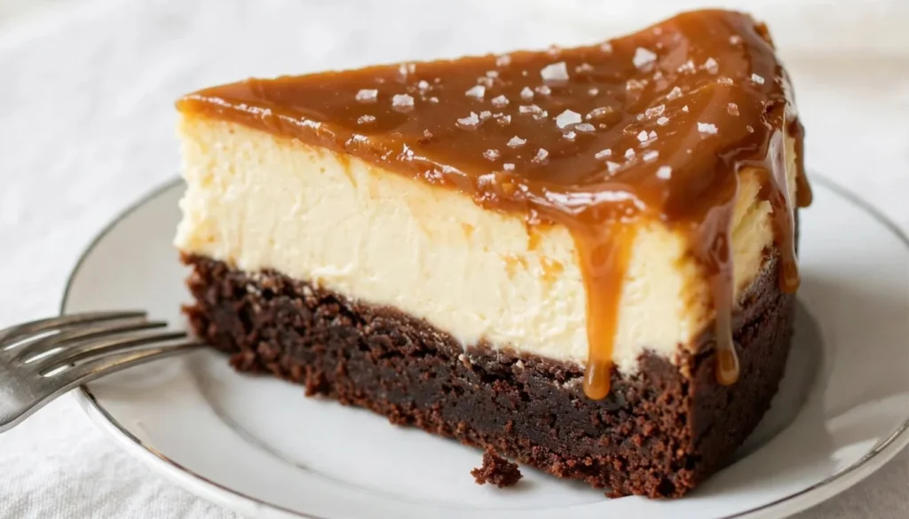 Whole caramel brownie cheesecake with dripping salted caramel on a white cake stand