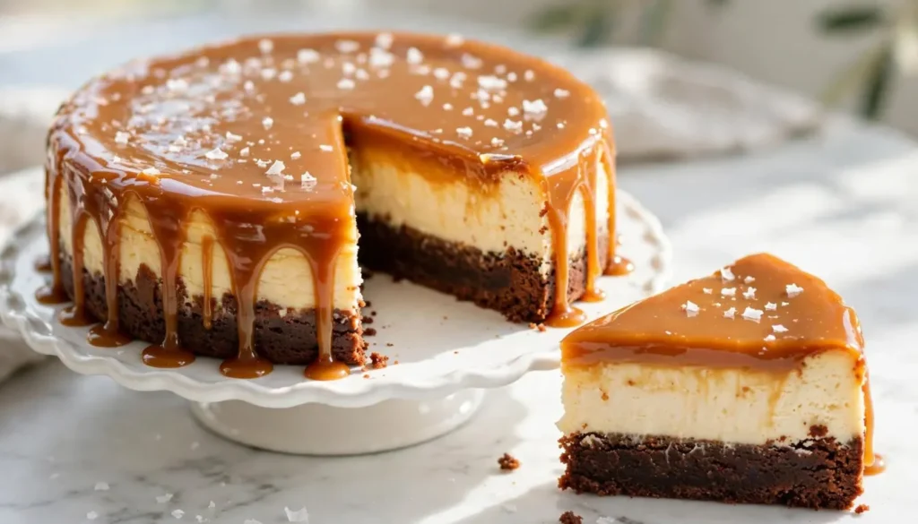 Whole caramel brownie cheesecake with dripping salted caramel on a white cake stand